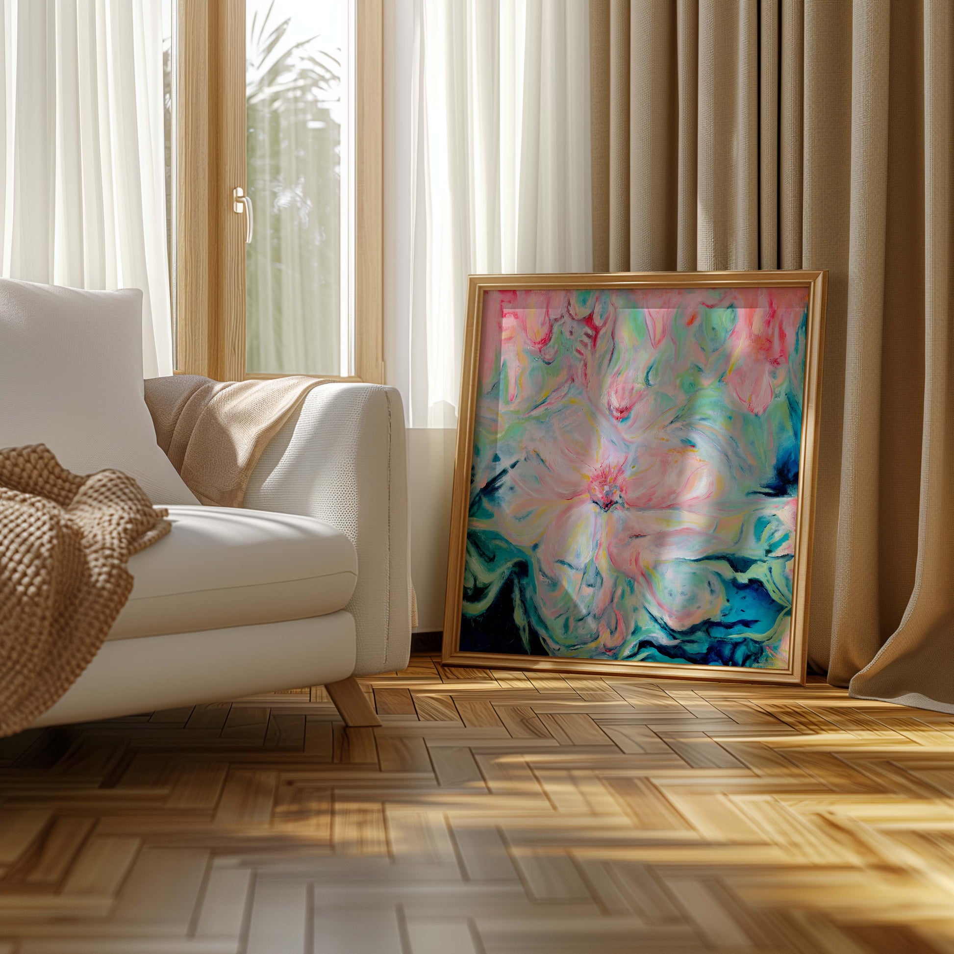 ‘Whispers of Spring’ – abstract floral art print in soft pinks and greens.