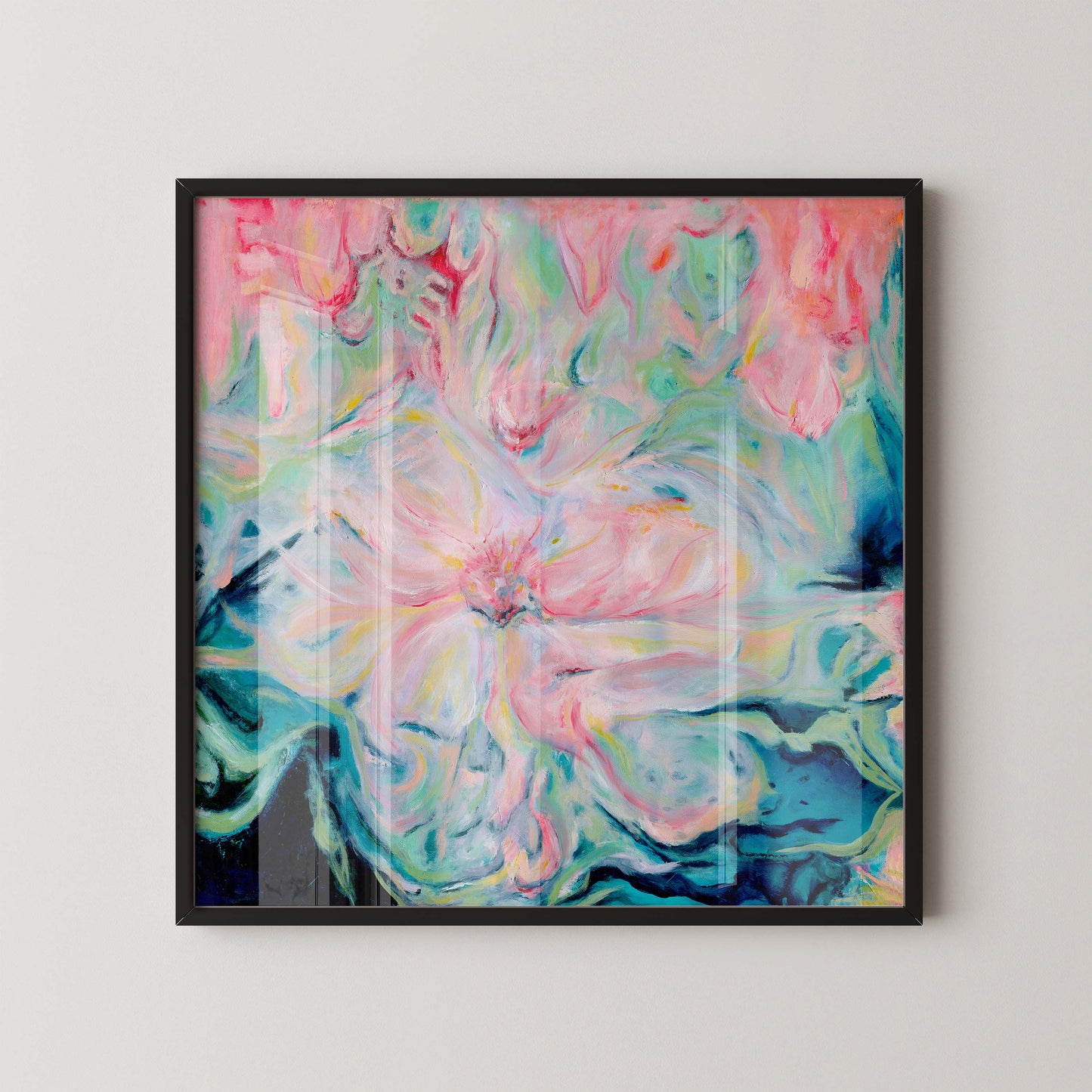 ‘Whispers of Spring’ – gentle pink, green, and peach artwork with dark blue base.