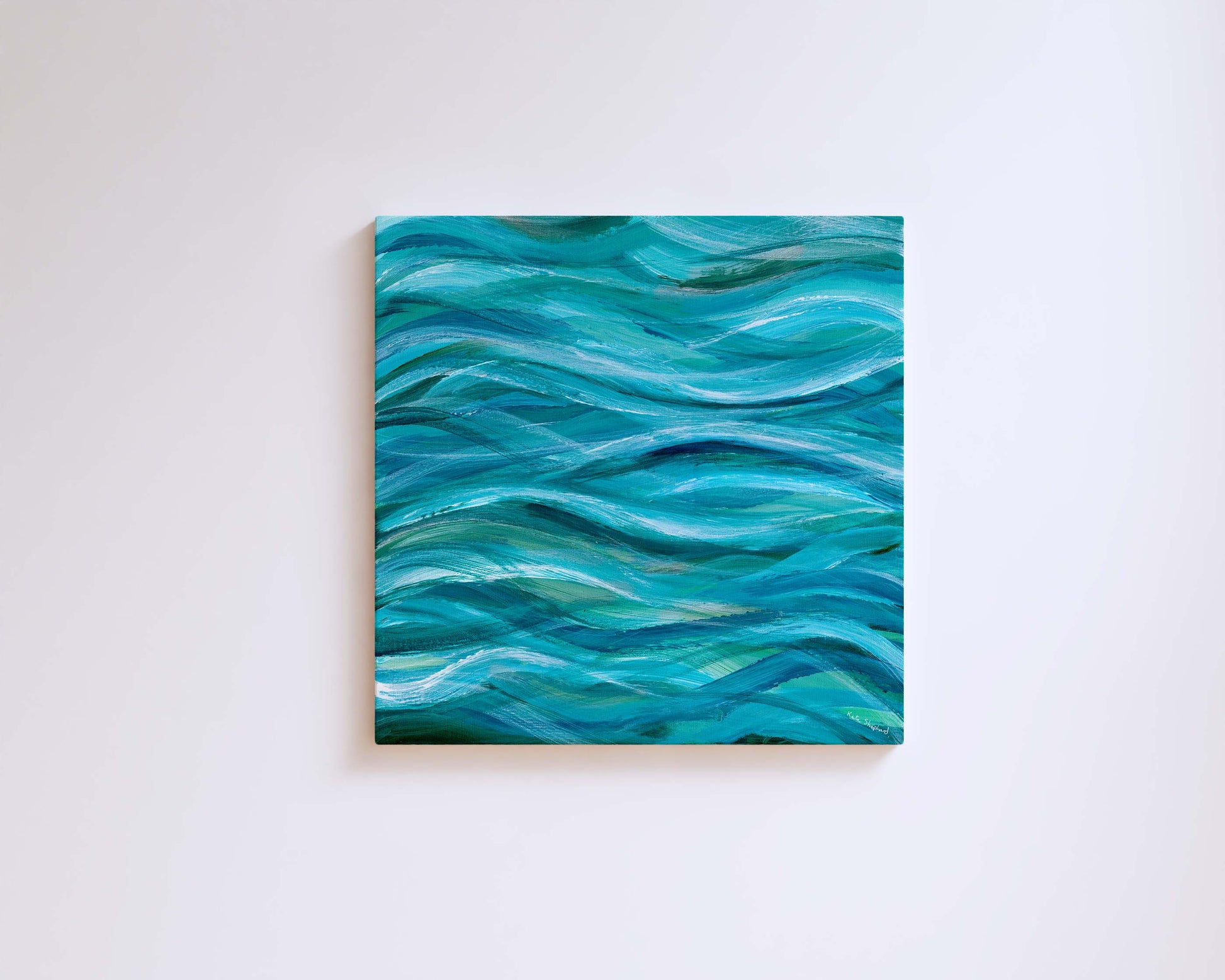 ‘The Sea Beneath Us is Deep’ – modern coastal wall art with layers of soft blues.