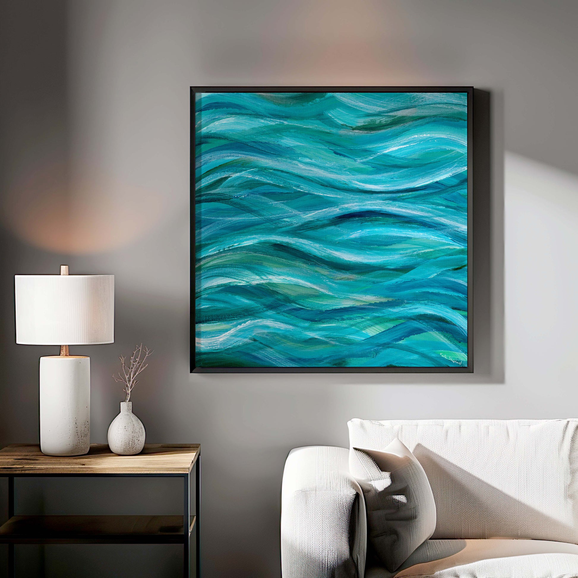 ‘The Sea Beneath Us Is Deep’ – soothing seascape print in teal, blue, and white.