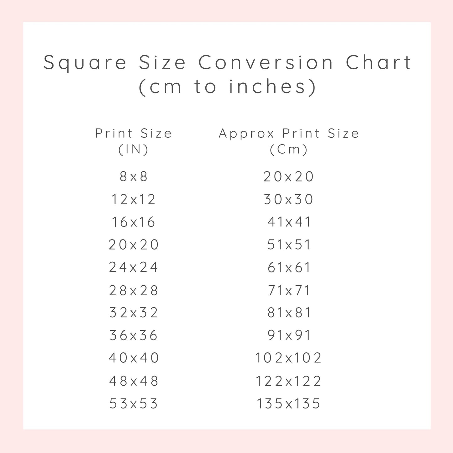 Wall Art Size Conversion Chart