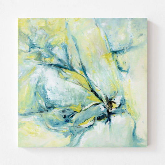 ‘Whispers of Midwinter’ – abstract winter canvas in soft blues and warm yellow tones.