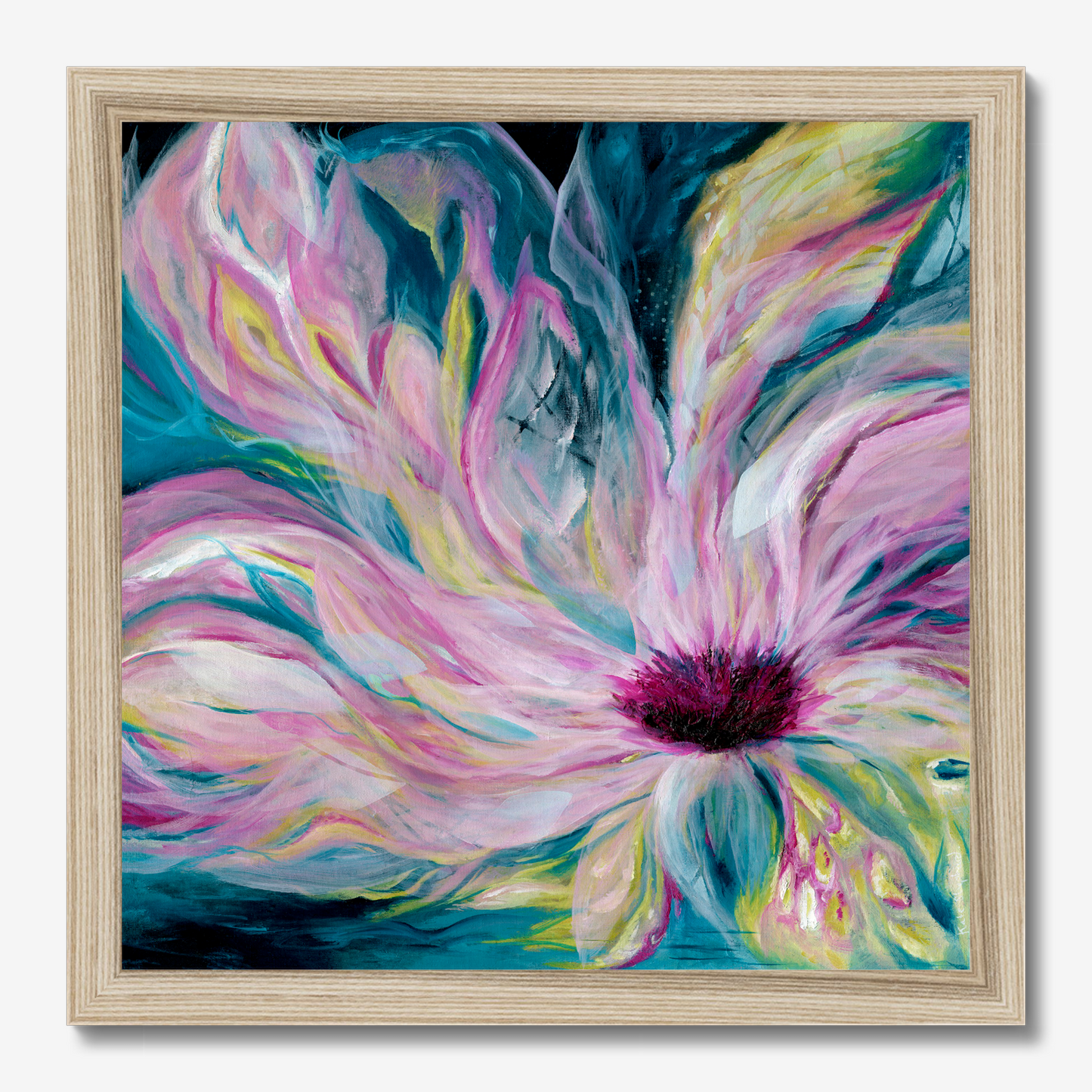 'Untamed' Abstract Art Print On Paper - Dark Teal Pink Floral Wall Art, Light Bursting Through Darkness By Kate Shephard