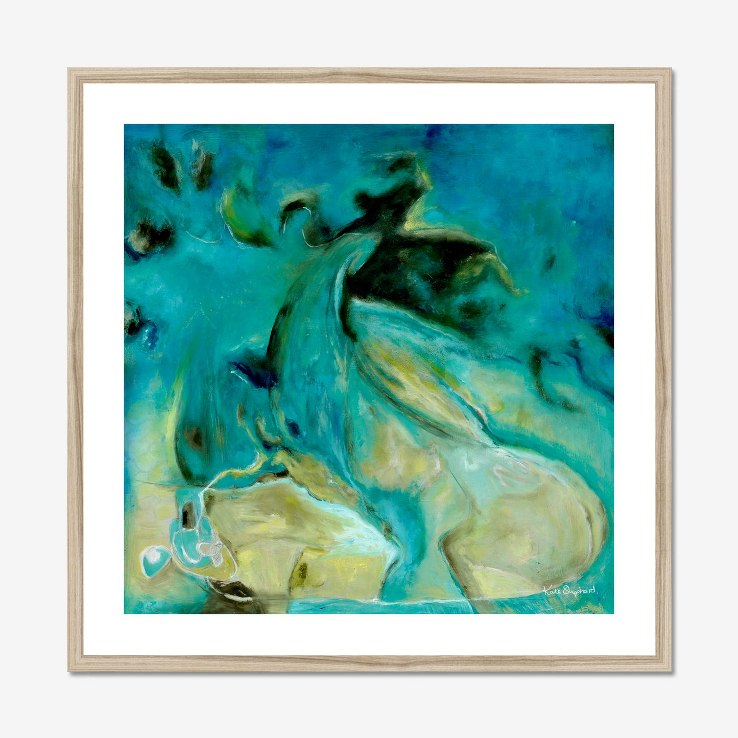 'Courage to Grow' - Abstract art blue fine art print inspired by crystal clear ocean water from above, rich teal and warm sandy cream tones.