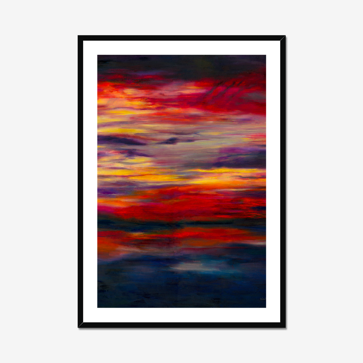 'Midnight Embers' - Vibrant sunset artwork fine art print in burning crimson and vivid yellow against deep navy charcoal — dark abstract wall art with extraordinary depth and drama, by Kate Shephard Art.