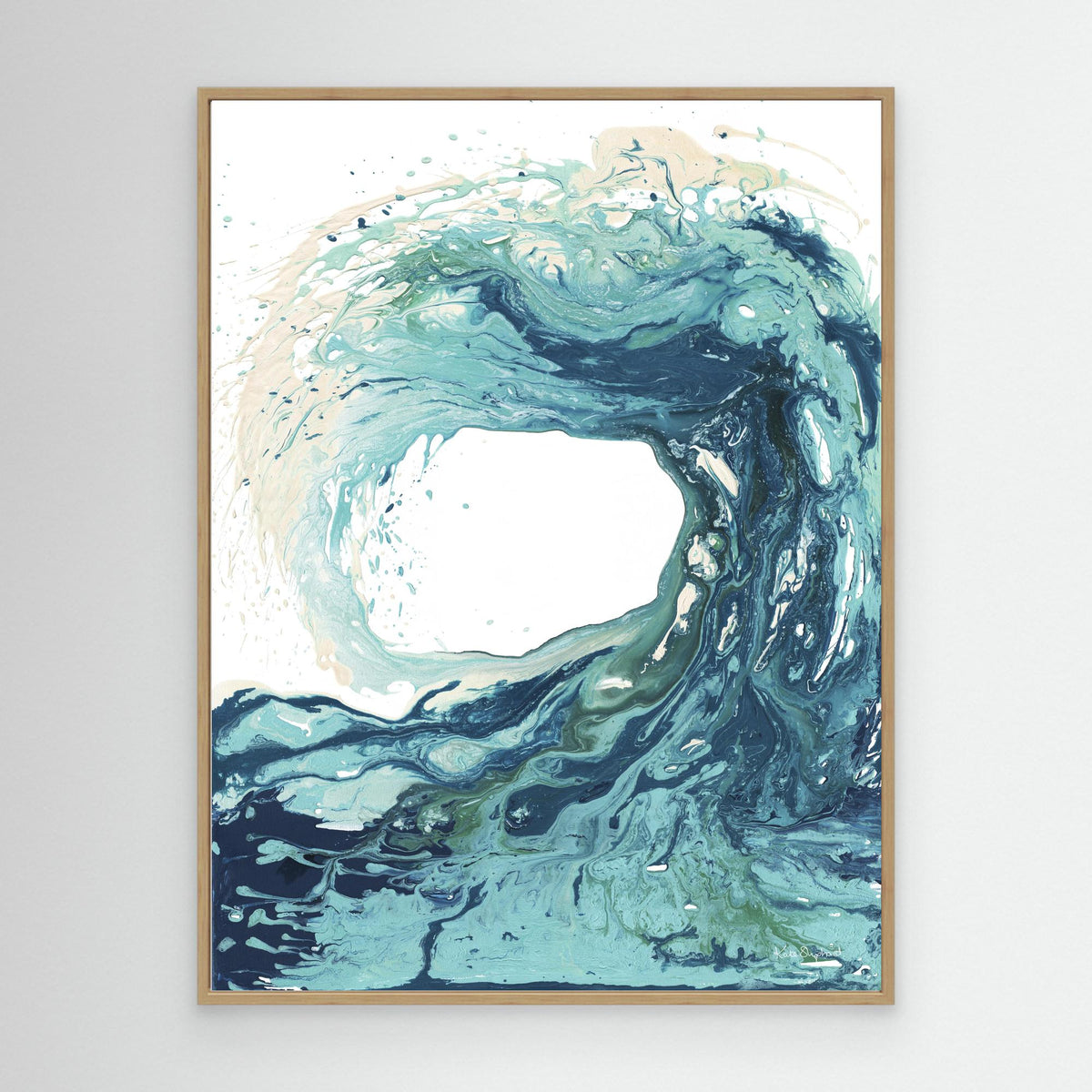 'Sandbanks Wave' - coastal canvas wall art with luminous turquoise wave design, framed in natural wood.