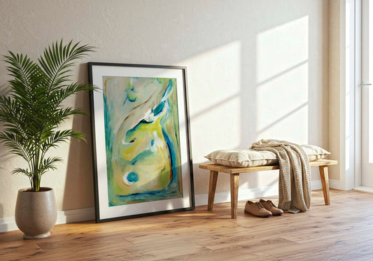 'True Colours' - Abstract fine art print with turquoise blue and golden yellow peacock inspired colours.