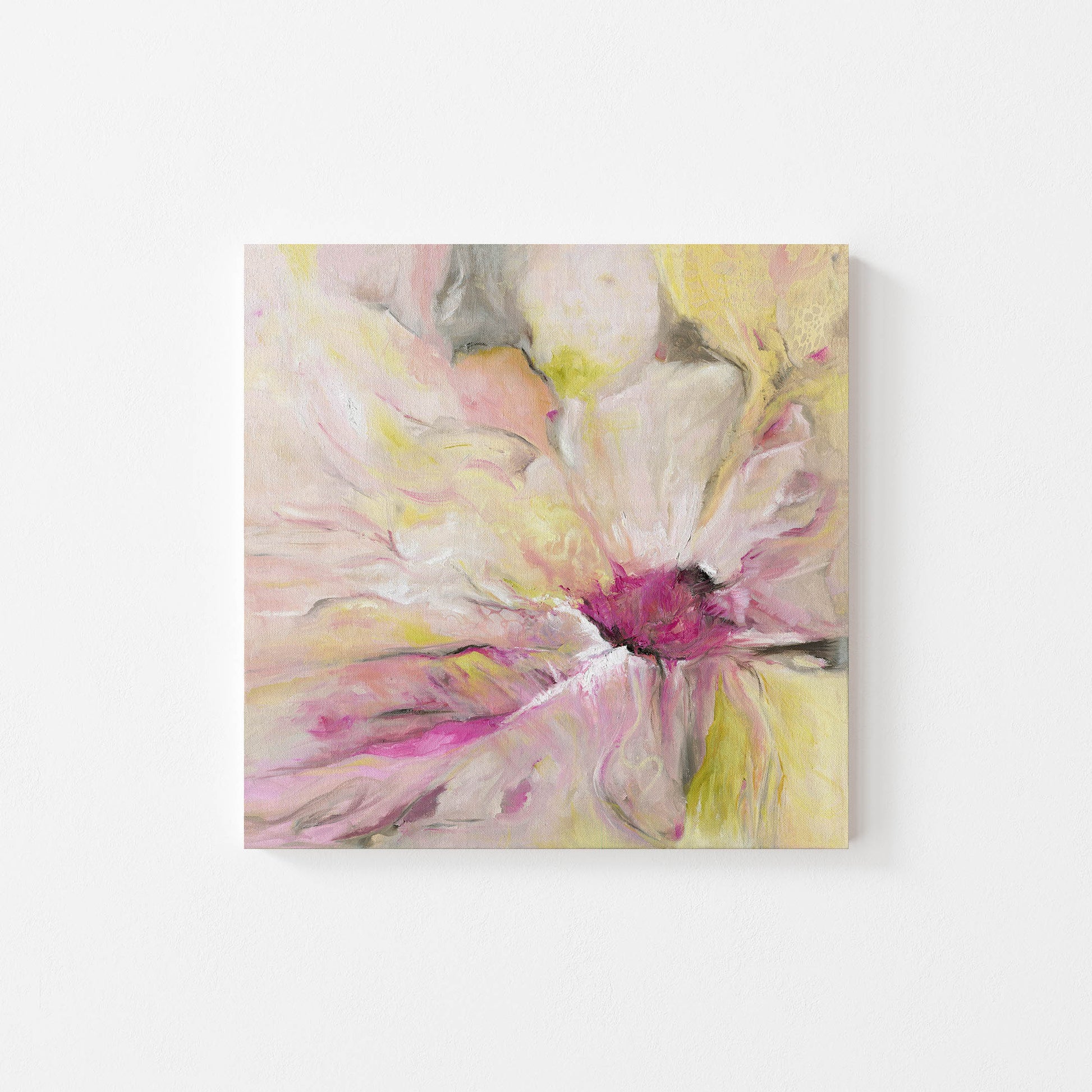 ‘Becoming’ – Pink and green floral-inspired artwork symbolising renewal.