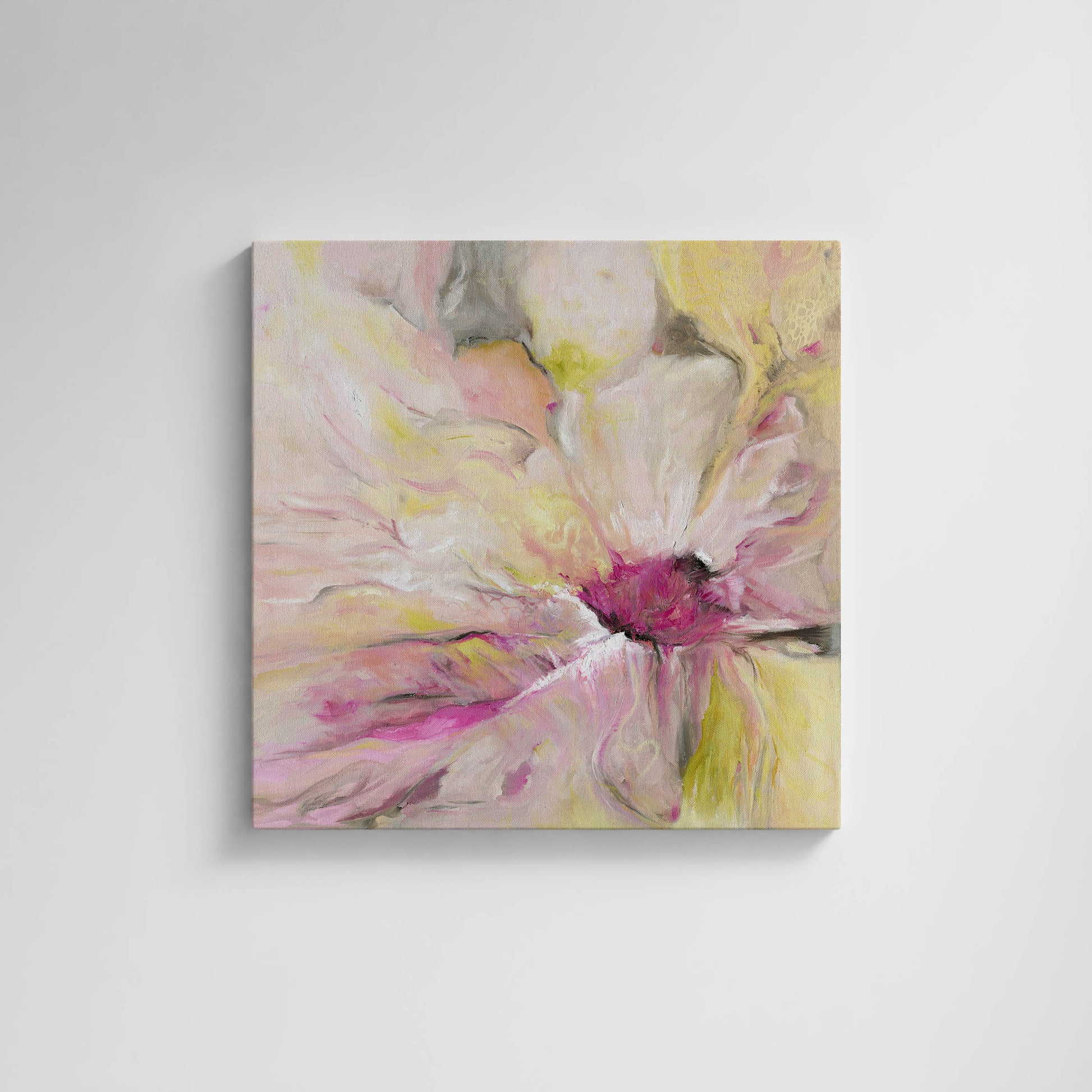 ‘Becoming’ – soft abstract floral art print in pink, green, and yellow tones.