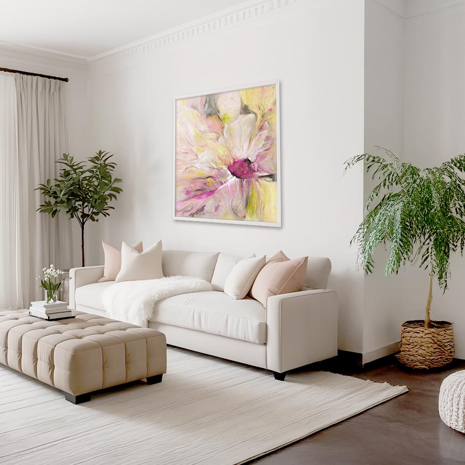 ‘Becoming’ – Gentle abstract wall art with soft pink and grey layers.