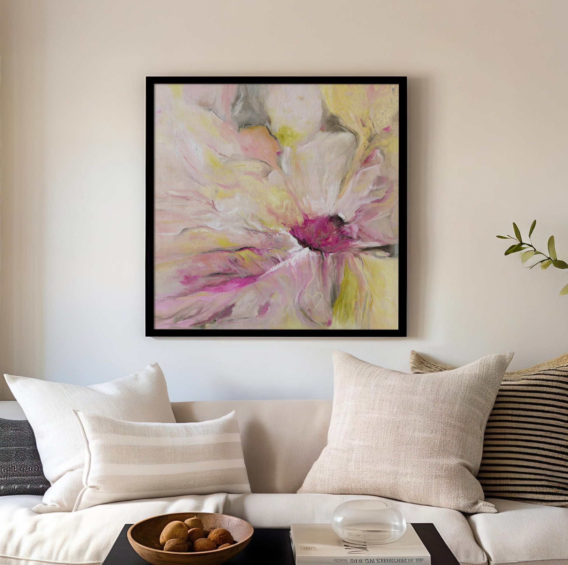‘Becoming’ – Abstract floral canvas print with pastel pink and green hues.