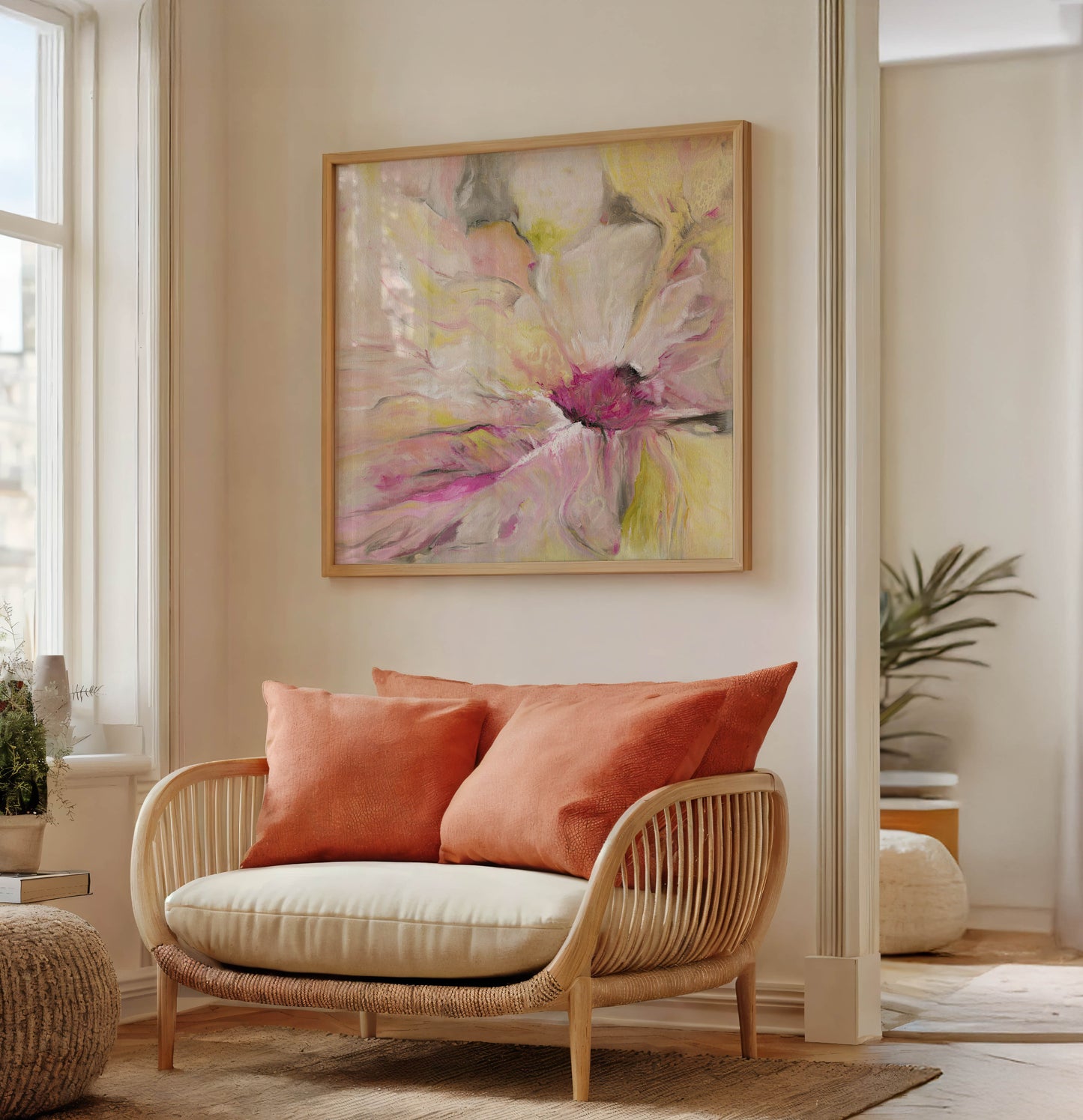 ‘Becoming’ – Soft pink and green abstract floral wall art for calm interiors.