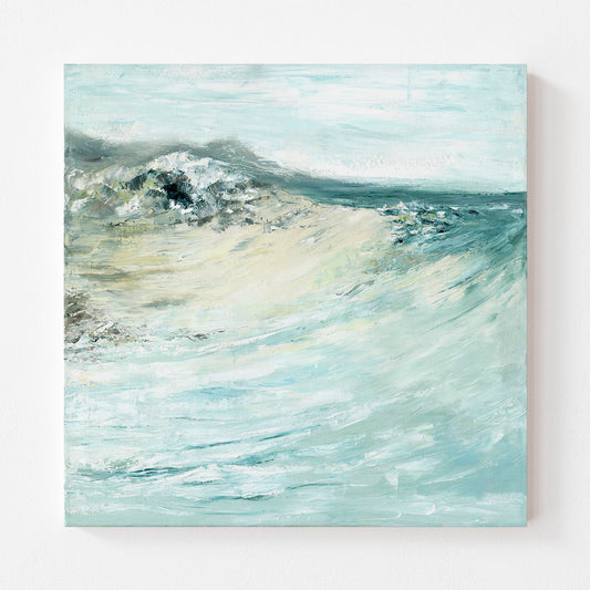 'Beyond The Shore' - Detail of layered oil-style brushwork in pale blue and white, abstract seascape canvas print art.