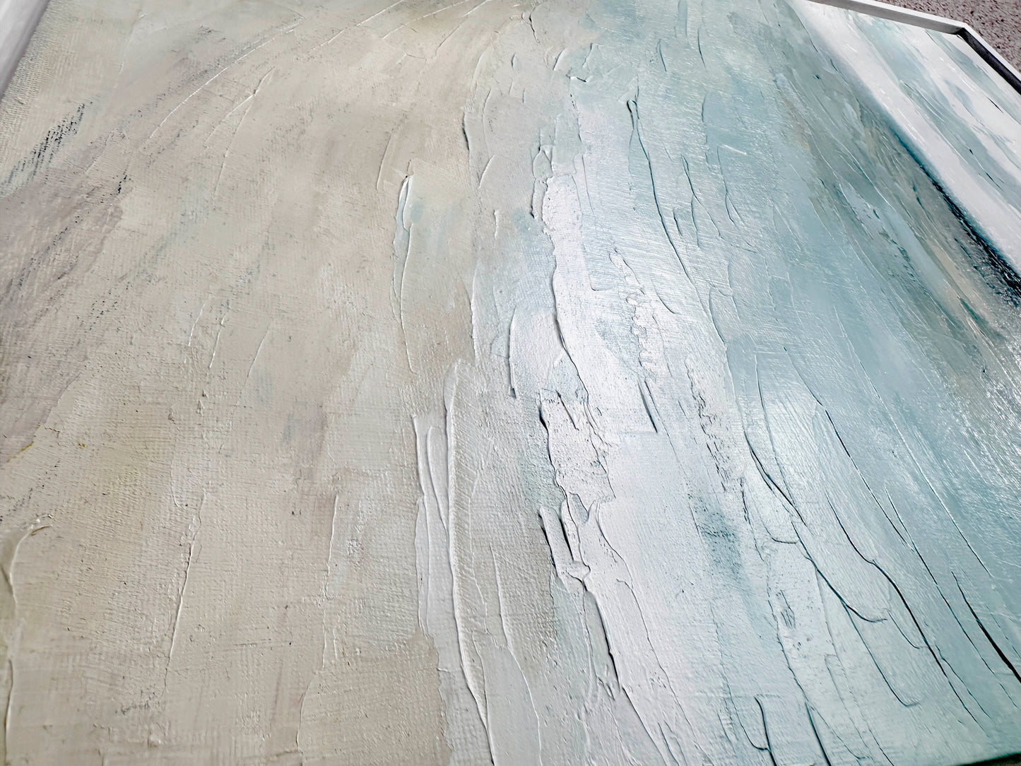 'Bramble Bush Bay Shores' - hand-painted oil on canvas board, serene Dorset coast art in white float frame.