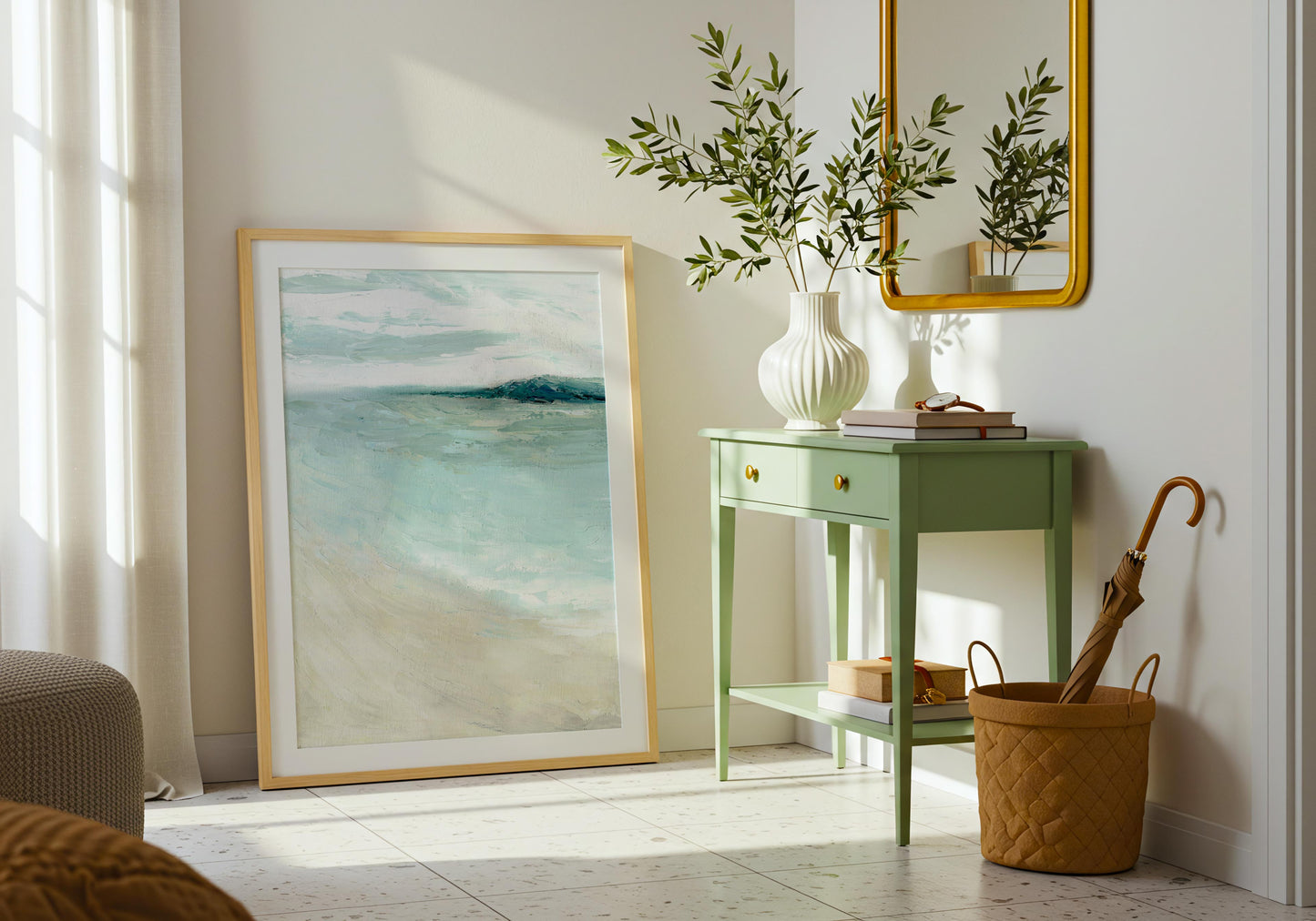 ‘Bramble Bush Bay Shores’ – modern seascape print in cream, blue, and soft indigo.