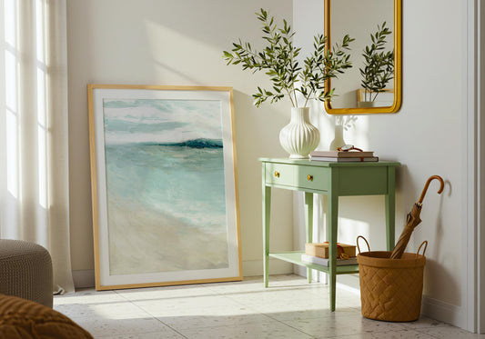‘Bramble Bush Bay Shores’ – modern seascape print in cream, blue, and soft indigo.