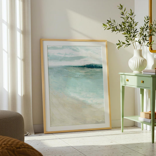 ‘Bramble Bush Bay Shores’ – modern seascape print in cream, blue, and soft indigo.