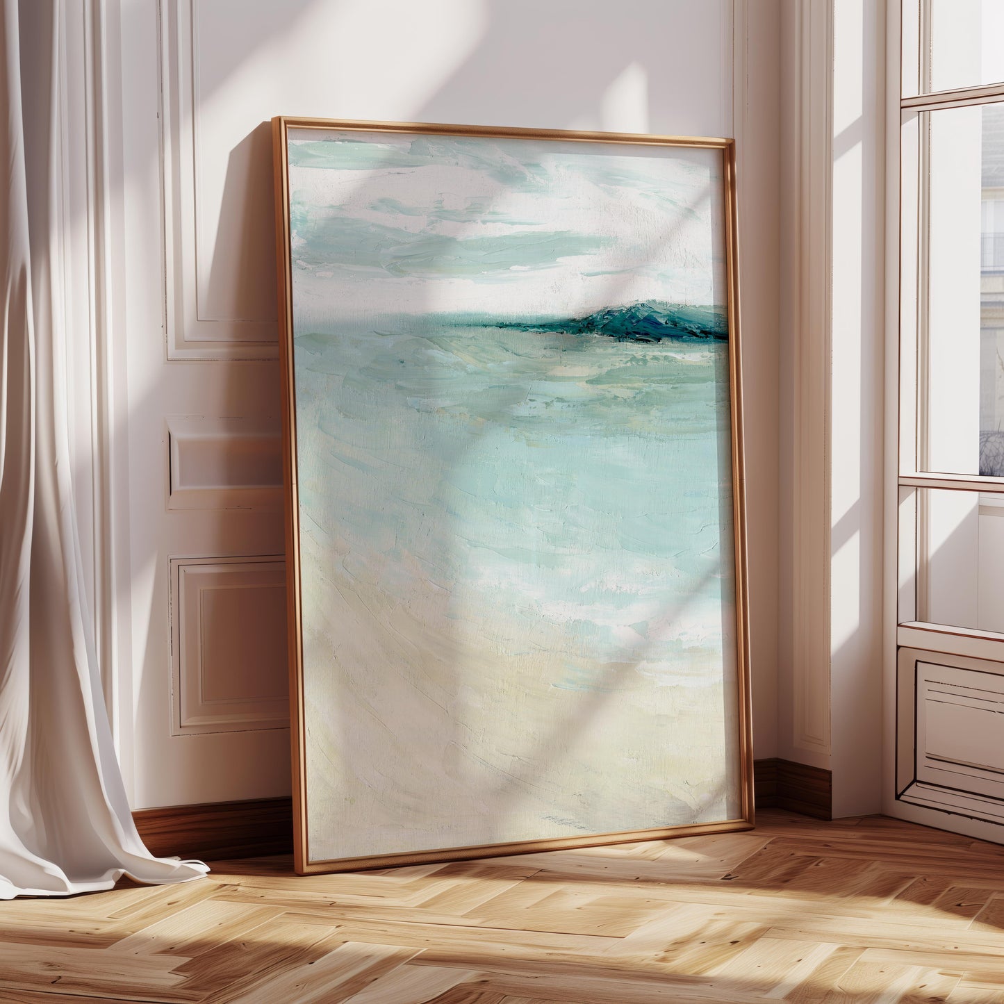 ‘Bramble Bush Bay Shores’ – tranquil seascape painting print for modern interiors.