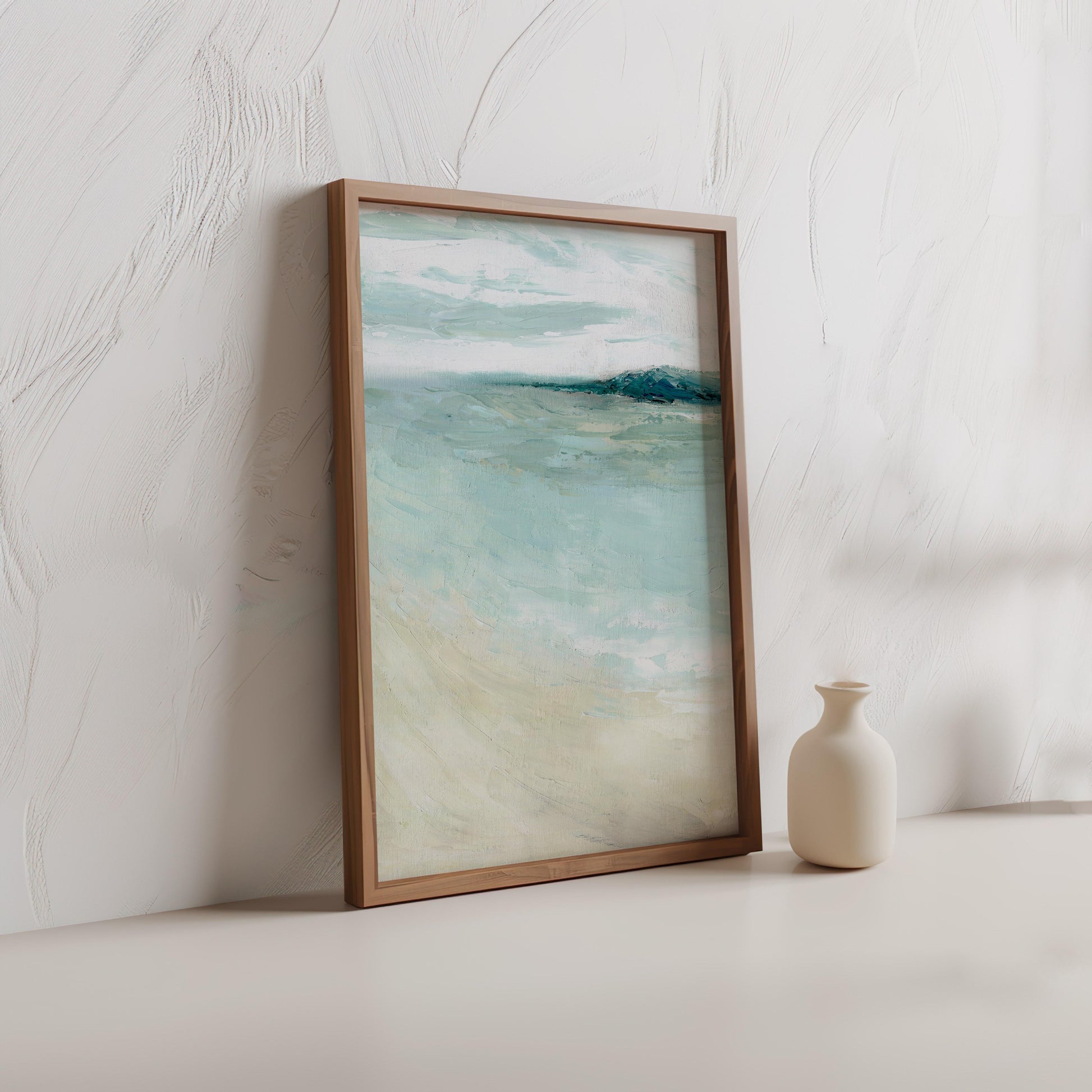 ‘Bramble Bush Bay Shores’ – tranquil seascape print in soft blues and sandy tones.