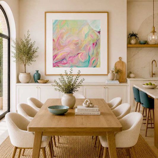 ‘Closer Than You Think’ – soft abstract canvas showing rising shapes in pink, peach and mint.