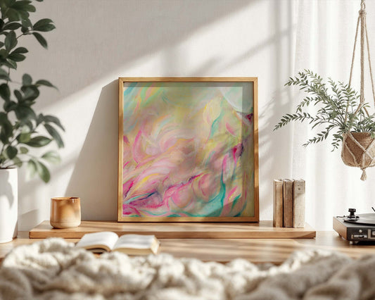 ‘Closer Than You Think’ – soft abstract canvas showing rising shapes in pink, peach and mint.