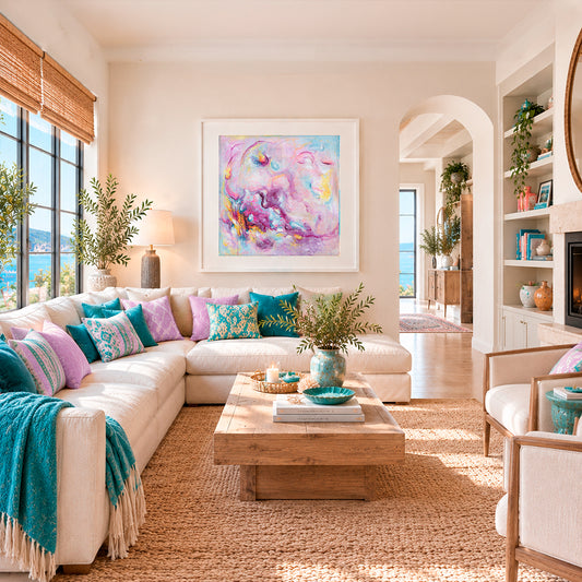 'Joy On Purpose' - Colourful abstract art fine art print in vivid pink, soft blue and luminous white — modern wall art for home from the Joy by Design collection, by Kate Shephard Art.
