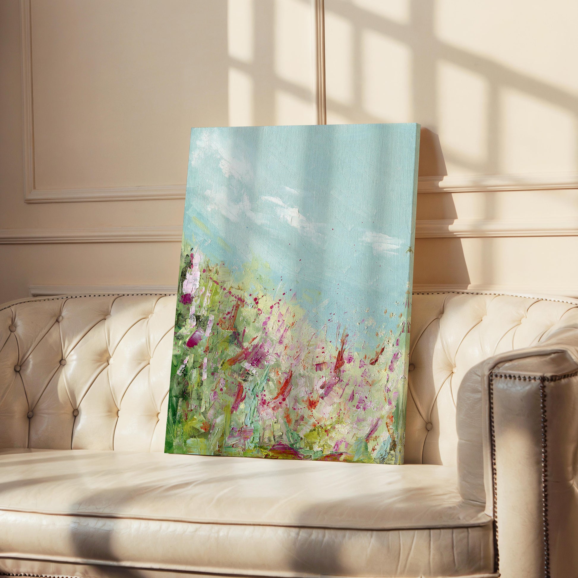‘Colours of the Field’ - Joyful abstract painting with lively brushstrokes.