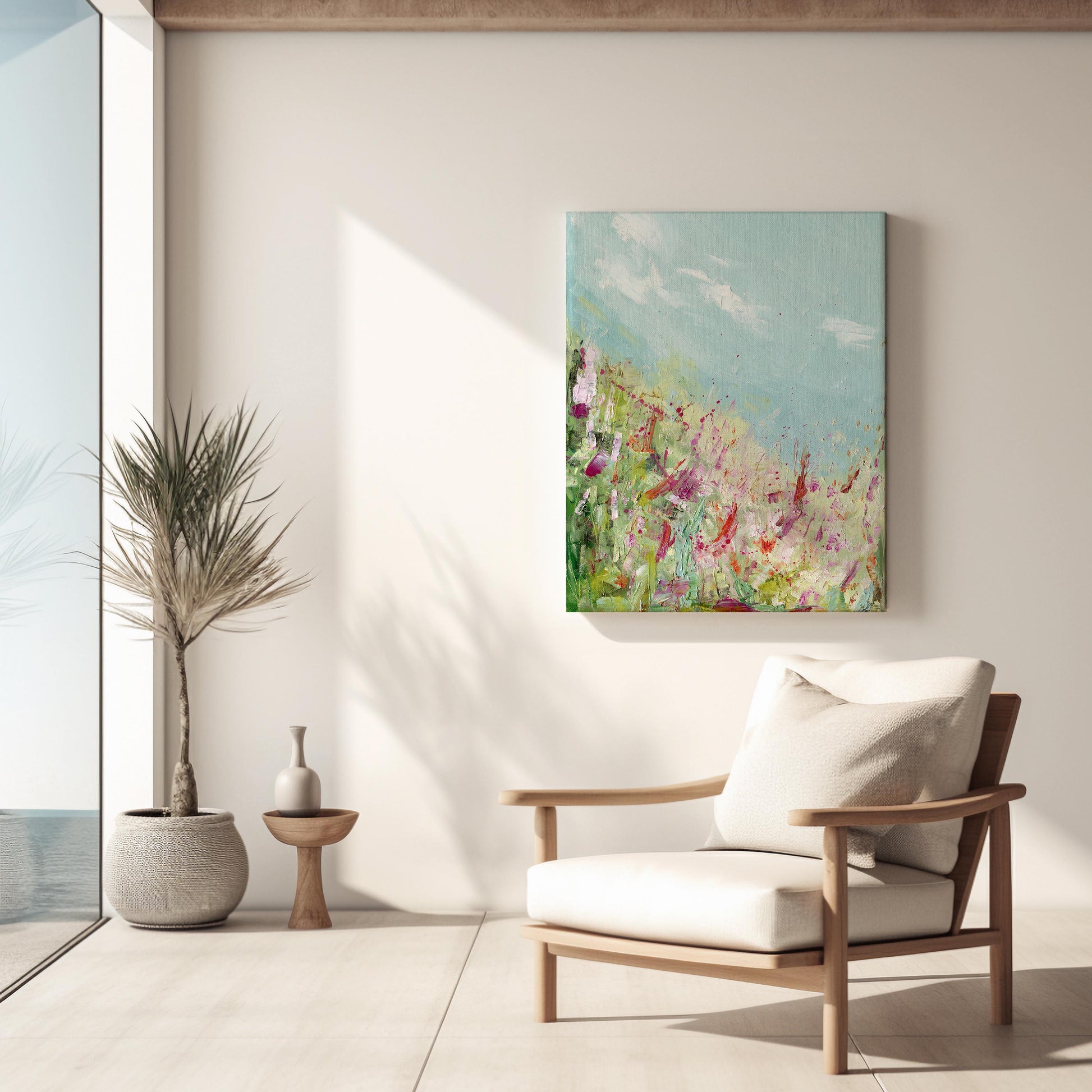‘Colours of the Field’ - Bright floral abstract painting with duck egg blues.