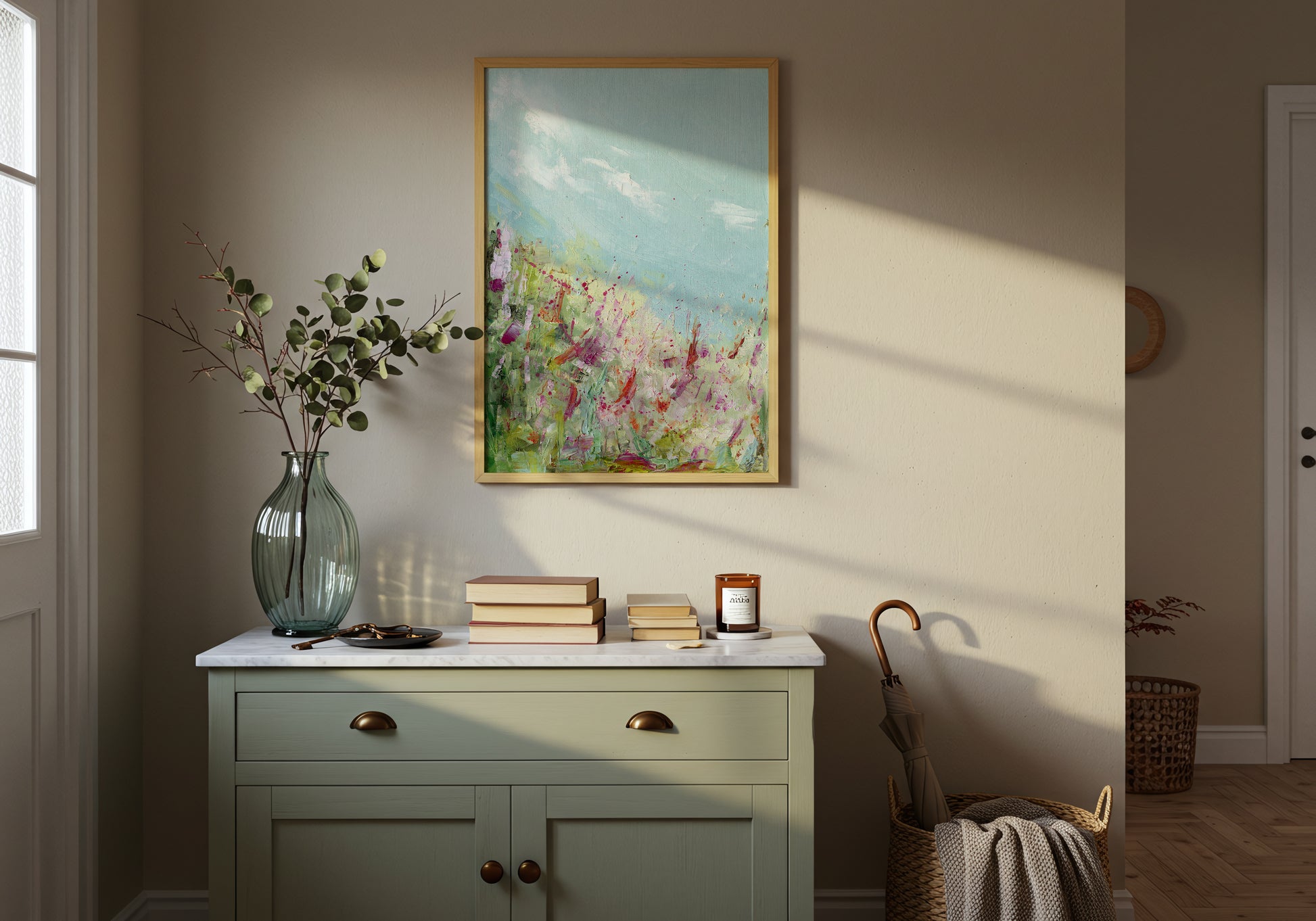 ‘Colours Of The Field’ – modern pink and yellow meadow artwork for bright interiors.