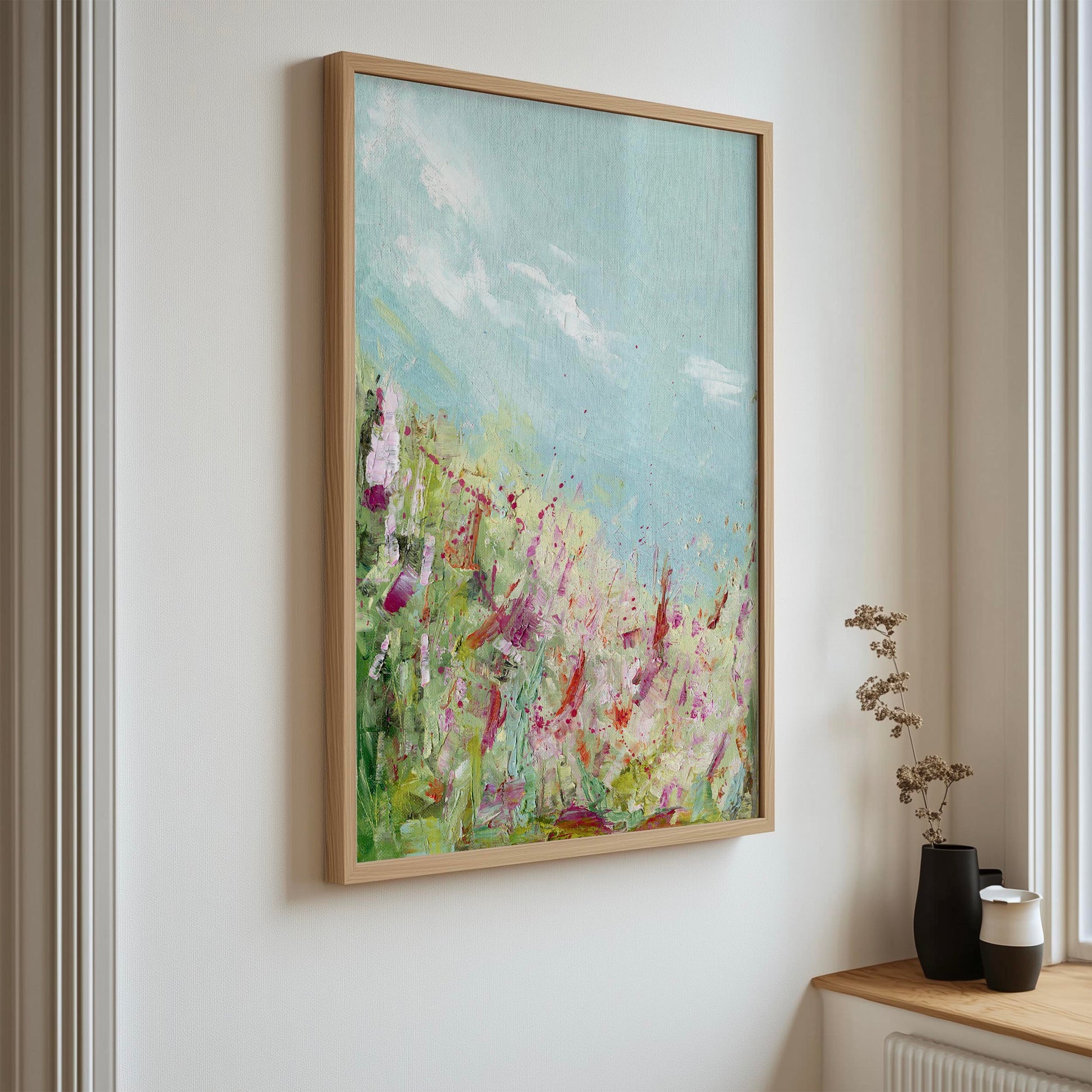‘Colours Of The Field’ – pink and orange abstract print bringing warmth and joy.