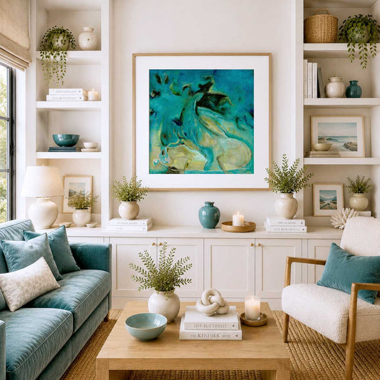 'Courage to Grow' - Modern abstract wall art in deep teal and turquoise tones with dark reef forms, blue art print fine art print for bedroom or hallway.