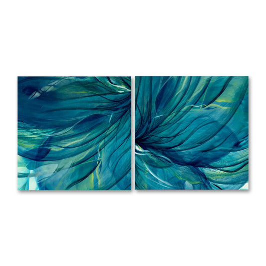 'Rising Through' - Stunning two-panel abstract wall art in layered teal and blue tones for bold interior spaces.