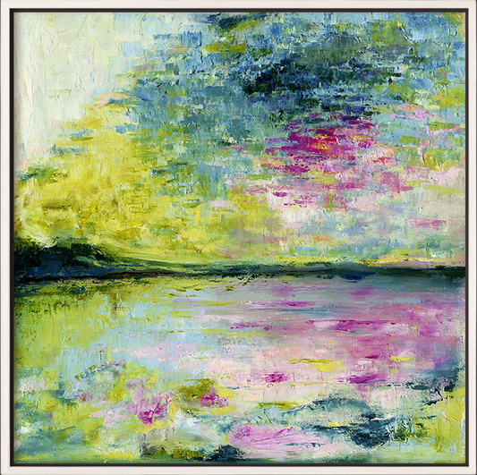 'Echoes in Still Water' - Framed original calm abstract art in white frame, peaceful wall art for the home.