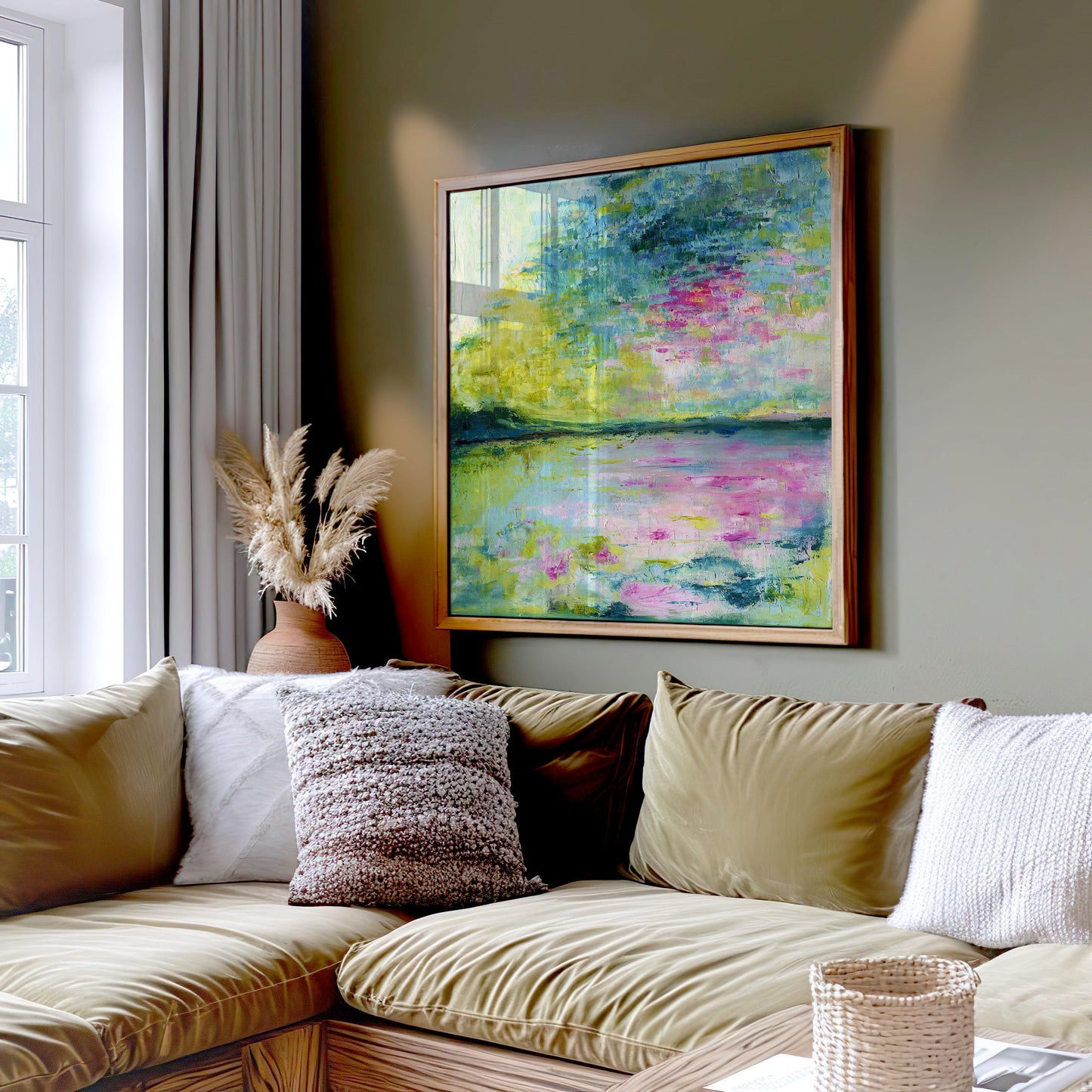 ‘Echoes in Still Water’ – soothing modern artwork with flowing blue and grey hues.