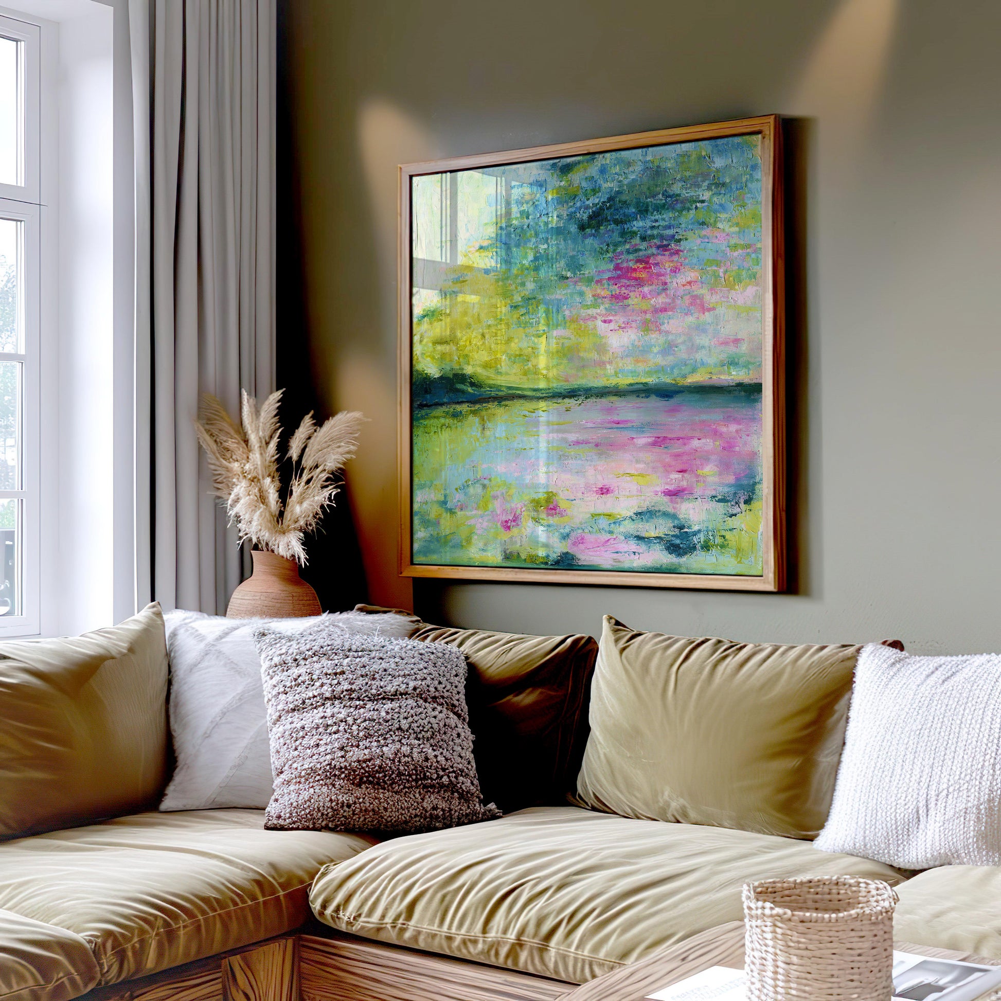 ‘Echoes in Still Water’ – soothing modern artwork with flowing blue and grey hues.