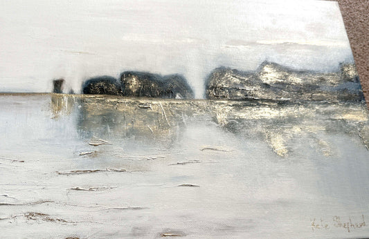 'Old Harry Reflections' - Original painting of Old Harry Rocks Jurassic Coast in deep inky indigo and warm gold tones.