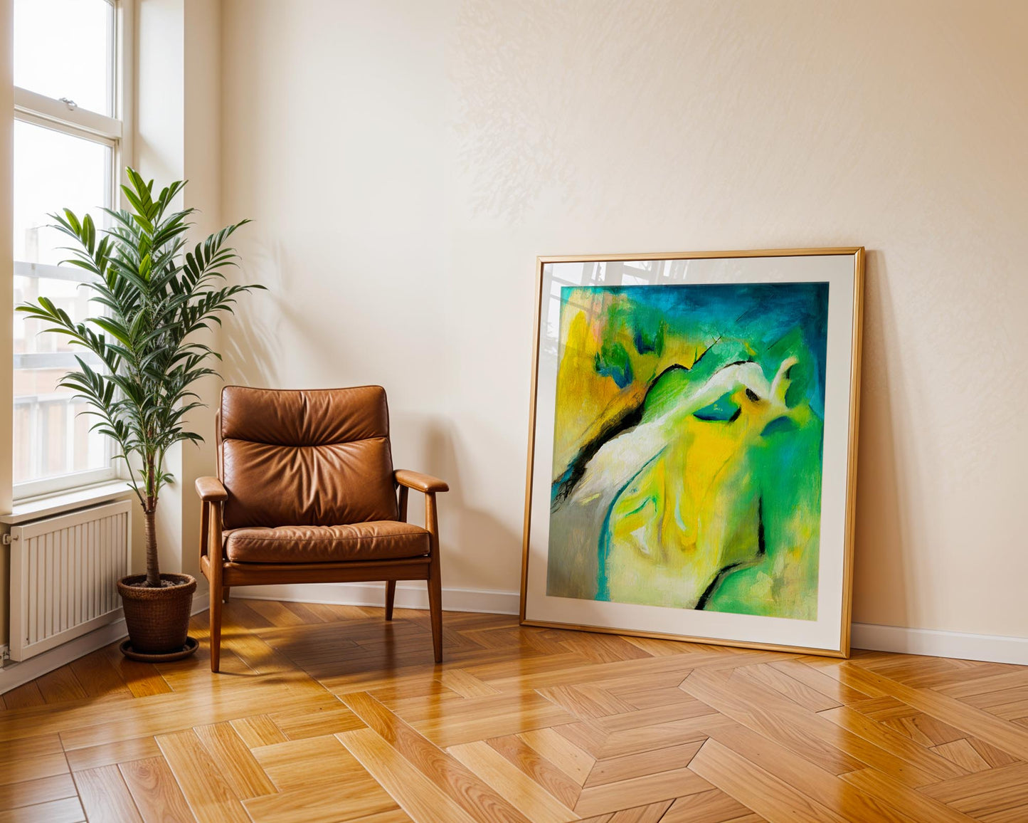‘Leap of Faith’ – vibrant abstract print with yellow, blue, and green tones.