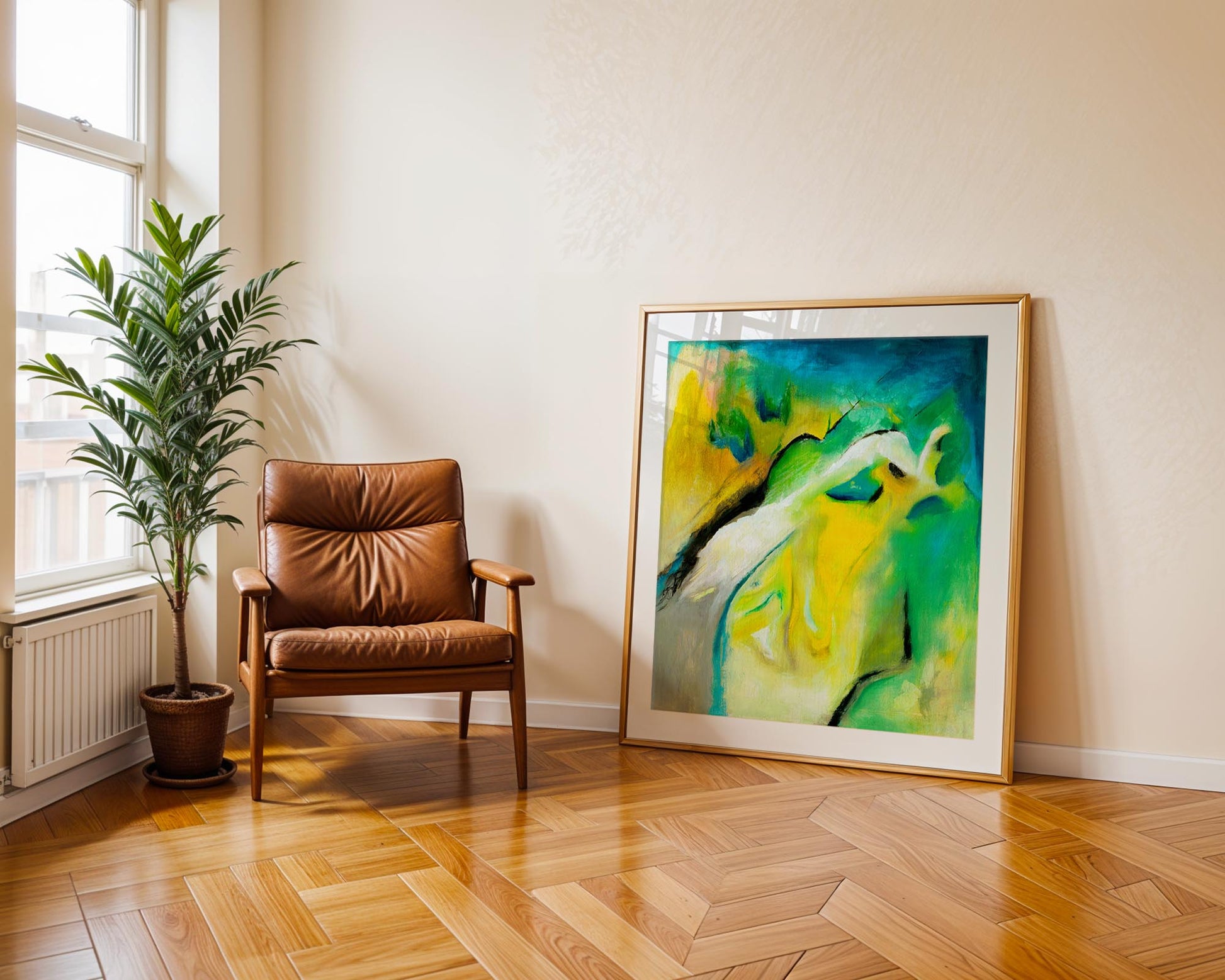 ‘Leap of Faith’ – vibrant abstract print with yellow, blue, and green tones.
