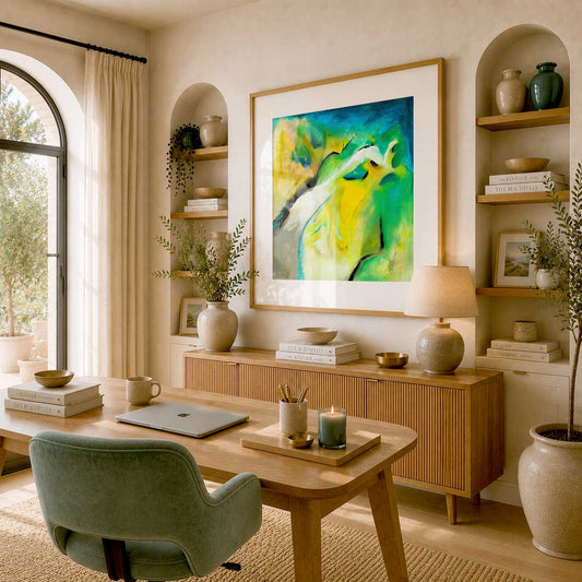 ‘Leap of Faith’ – vibrant abstract print with yellow, blue, and green tones.