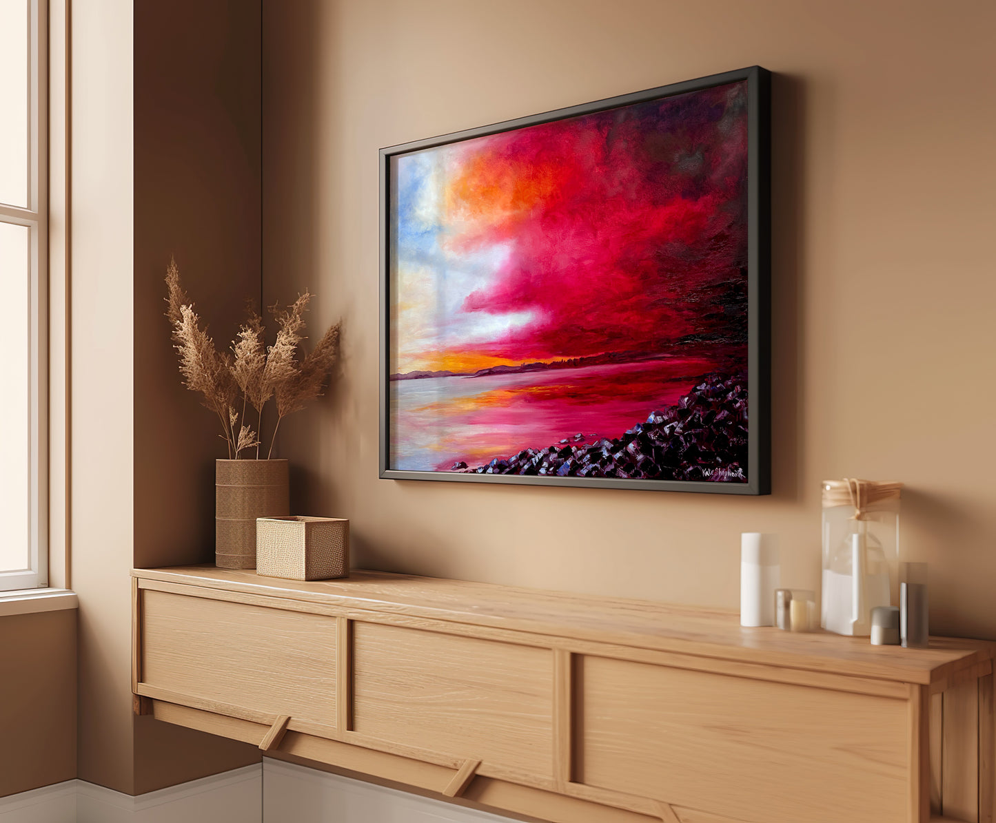 'Breaking Through' - Striking original oil painting of a fiery evening sky over Poole Harbour, Dorset — bold reds, warm yellows and luminous whites captured with expressive, layered brushwork, by Kate Shephard Art.