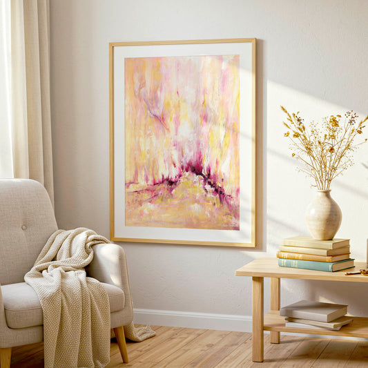 'Rising' - A fine art paper print in warm golden yellow and soft blush pink — colourful abstract art with upward-reaching brushwork and deep magenta, inspirational wall decor for contemporary homes, by Kate Shephard Art.