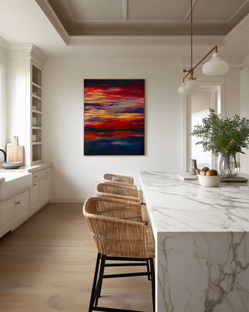 'Midnight Embers' - A dramatic abstract canvas print in fiery reds, oranges and vivid yellow against deep navy — sunset art abstract and beautiful sky art with real emotional depth, by Kate Shephard Art.