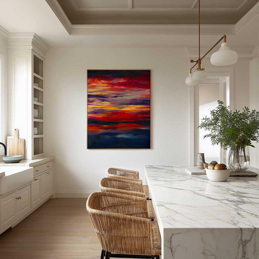 'Midnight Embers' - A dramatic abstract canvas print in fiery reds, oranges and vivid yellow against deep navy — sunset art abstract and beautiful sky art with real emotional depth, by Kate Shephard Art.