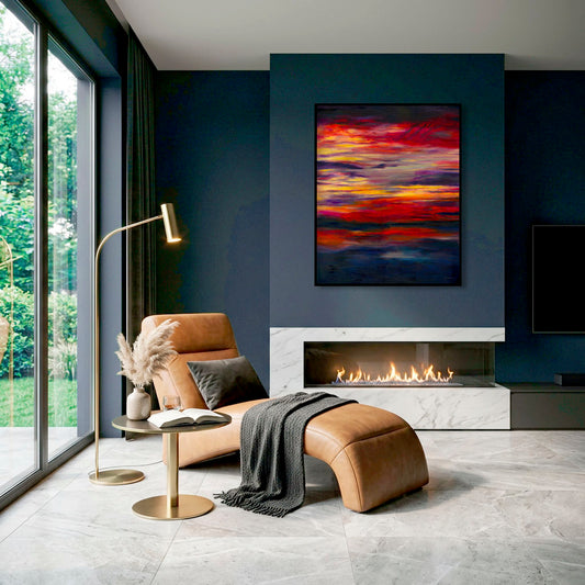 'Midnight Embers' - Dark abstract wall art fine art print in burning red, crimson, vivid yellow and deep navy — dramatic sunset artwork for bold soulful contemporary interiors, by Kate Shephard Art.