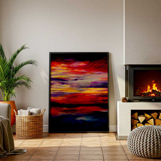 'Midnight Embers' - A vibrant sunset artwork fine art print in burning red and vivid yellow against deep navy — dark abstract wall art for bold dramatic contemporary interiors, by Kate Shephard Art.