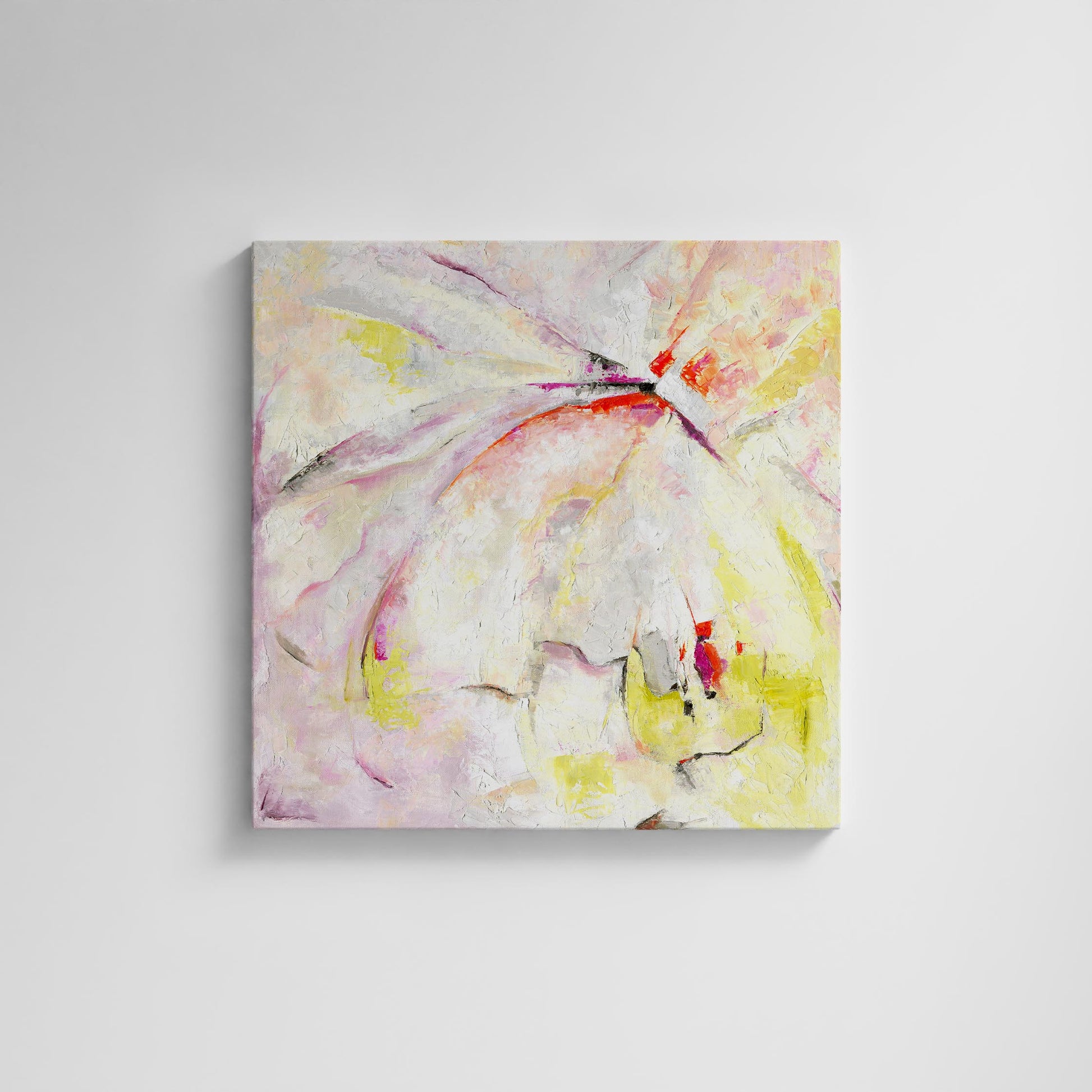 ‘Taking Flight’ – colourful abstract canvas with pink, violet, and yellow tones.