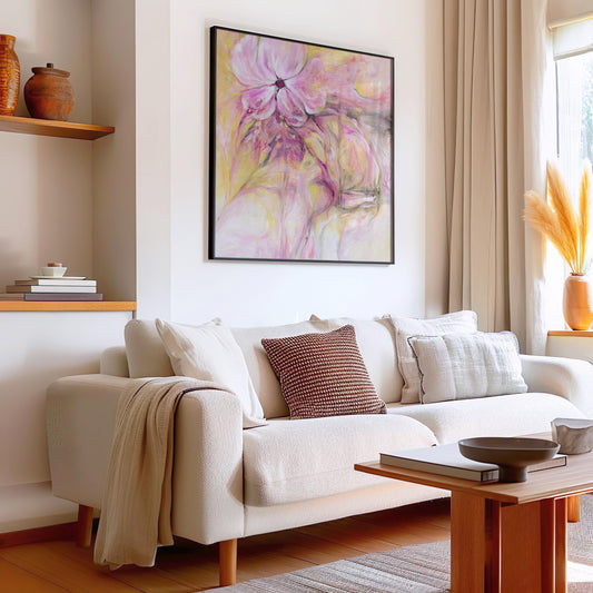 'Through It All' – gentle floral-inspired abstract in warm tones.