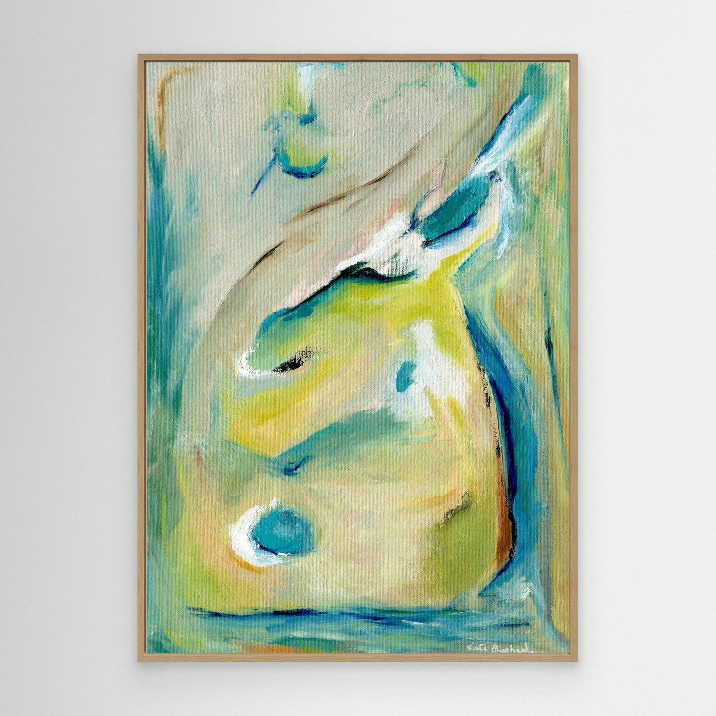 'True Colours' - Abstract canvas artwork in rich peacock teal and green, bold colourful wall art canvas print for living room or bedroom. Presented in an oak wood float frame