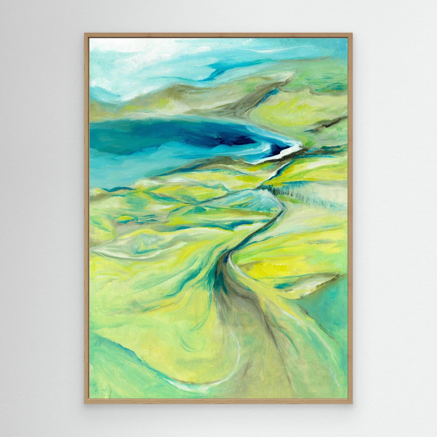 'Along the Worbarrow Path' - Abstract landscape painting canvas print in earthy greens and warm natural tones, Dorset countryside wall art for living room or bedroom.