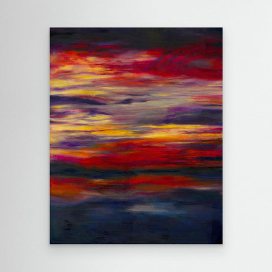 'Midnight Embers' - A colourful artwork canvas print in burning reds, vivid yellows and deep navy charcoal — sunset art abstract and beautiful sky art that brings drama and solace to any room, by Kate Shephard Art.